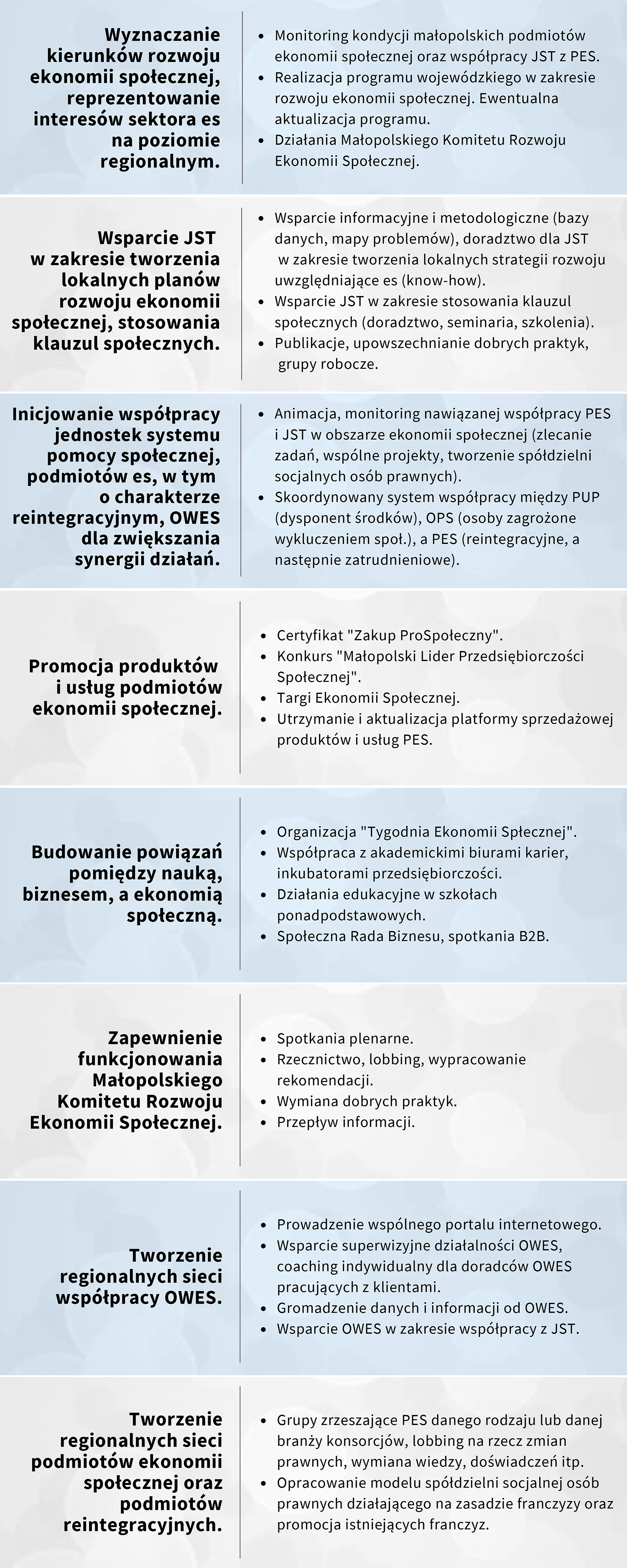 Schemat głównych działań Małopolskiego Ośrodka Koordynacji Ekonomii Społecznej.