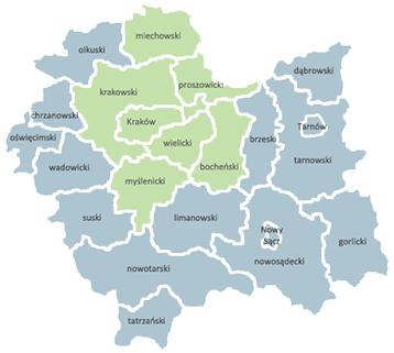 Mapka z zaznaczonym obszarem: Subregion krakowski