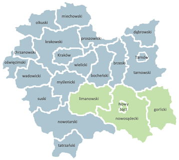 Mapka z zaznaczonym obszarem: Subregion Sądecki