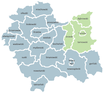 Mapka z zaznaczonym obszarem: Subregion Tarnowski